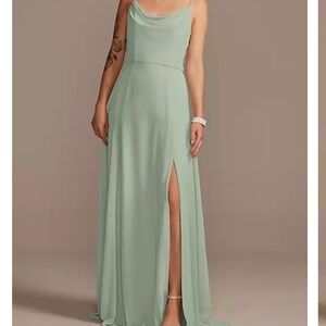 Celebrate sage green cowl neck chiffon bridesmaid dress with slit, size 8